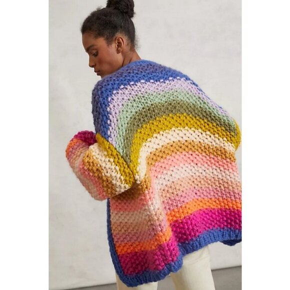 💕SAACHI💕 Mayflower Rainbow Stripe Cardigan ~ Hand Knit Multi-Color Medium - Picture 3 of 16